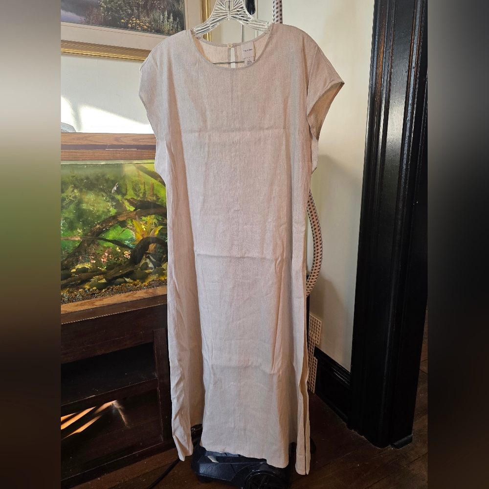 New Calvin Klein Linen Stretch Elegant Cream Midi Dress Large - Picture 4 of 13